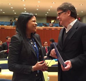 Maria Gabriela Chavez, the daughter of late Venezuelan leader Hugo Chavez, speaks with Xavier Lasso, Ecuador's ambassador to the United Nations, Wednesday, April 1, 2015 at United Nations headquarters. Chavez is Venezuela's deputy permanent representative to the United Nations. (AP Photo/Cara Anna)