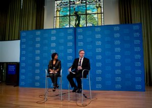 Columbia University Academic Dean Sheila Coronel, left, and Columbia University Dean Steve Coll, attend a news conference to discuss findings of a report conducted at the Columbia School of Journalism surrounding Rolling Stone magazine's expose of what it called a culture of sex assaults at the University of Virginia, Monday, April 6, 2015, in New York. Rolling Stone has officially retracted the story. (AP Photo/Craig Ruttle)