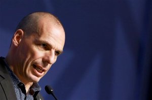 Greek Finance Minister Yanis Varoufakis speaks at the Informal Meeting of Ministers for Economic and Financial Affairs of the European Union in Riga, Latvia on Friday, April 24, 2015. Greece's finance minister came under fire Friday from his peers in the 19-country eurozone for failing to come up with a comprehensive list of economic reforms that are needed if the country is to get vital loans to avoid going bankrupt. (Dmitris Sulzics/F64 Photo Agency via AP)