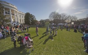 Children participate in the White House Easter Egg Roll on the South Lawn of White House in Washington, Monday, April 6, 2015. Thousands of children gathered at the White House for the annual Easter Egg Roll. This year's event features live music, cooking stations, storytelling, and of course, some Easter egg roll. (AP Photo/Pablo Martinez Monsivais)