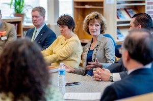 Virginia’s Technology Secretary Karen Jackson talks during a panel with Harrisonburg High School staff about classroom technology on Tuesday, April 7, 2015 in Harrisonburg, Va. (AP Photo/Daily News-Record, Austin Bachand)