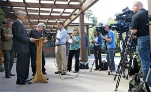 Michael Schoenfeld, left, vice president for Public Affairs and Government Relations at Duke University, speaks to members of the media during a news conference at the Sara P. Duke Gardens in Durham, N.C., Thursday, April 2, 2015. An undergraduate student at Duke University has admitted to hanging a noose in a tree and is no longer on campus, university officials said Thursday. Schoenfeld said that the school would not release the name of the student who admitted to hanging the noose. (AP Photo/Gerry Broome)