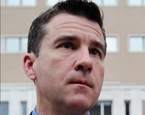 In this Friday, April 17, 2015, file photo, A. Ryan McGuigan, attorney for Robert Gentile, stands outside federal court, in Hartford, Conn. A federal prosecutor said, Monday, April 20, 2015, that McGuigan's client Gentile told an undercover FBI agent that he had access to two paintings stolen from Boston's Isabella Stewart Gardner Museum in 1990 and was willing to negotiate a sale of individual works for $500,000. A judge ordered Gentile detained following his arrest Friday, April 17, on weapons charges.