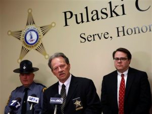 From left; Virginia State Police Lt. Ed Murphy, Pulaski County Sheriff Jim Davis, Pulaski County Commonwealth Attorney, Mike Fleenor, during a press conference in Pulaski Va. Thursday, April 2 2015. Ashley Jennifer White and Paul Thomas, the parents of five-year-old Noah Thomas were arrested and charged with felony child abuse and neglect Thursday in relation to the boy's death.  (AP Photo/The Roanoke Times, Matt Gentry)  LOCAL TELEVISION OUT; SALEM TIMES REGISTER OUT; FINCASTLE HERALD OUT;  CHRISTIANBURG NEWS MESSENGER OUT; RADFORD NEWS JOURNAL OUT; ROANOKE STAR SENTINEL OUT