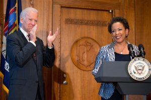 Vice President Joe Biden applauds as Loretta Lynch speaks at the Justice Department in Washington, Monday, April 27, 2015, after  Biden administered the oath of office to Lynch  as the 83rd Attorney General of the U.S. (AP Photo/Andrew Harnik)