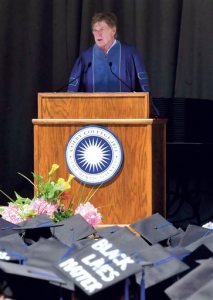 Actor and filmmaker Robert Redford speaks to graduates during Colby College's commencement in Waterville, Maine, Sunday, May 24, 2015. Redford was the commencement speaker, and received an honorary degree of fine arts from the school before an audience of thousands. (David Leaming/The Central Maine Morning Sentinel via AP) MANDATORY CREDIT