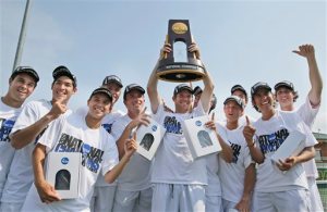 Virginia tennis players celebrates with the trophy after beating Oklahoma to win the NCAA men's team tennis championships, Tuesday, May 19, 2015, Waco, Texas. (AP Photo/LM Otero)