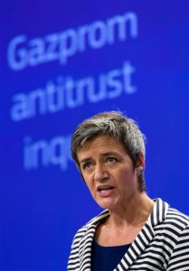 European Commissioner for Competition Margrethe Vestager speaks during a media conference at EU headquarters in Brussels on Wednesday, April 22, 2015. The European Union on Wednesday opened an antitrust case against Russia's state-controlled Gazprom energy giant amid worsening relations between Brussels and Moscow. (AP Photo/Thierry Monasse)