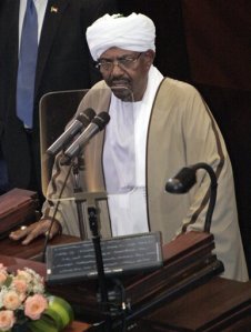 Incumbent President Omar al-Bashir, who was recently re-elected in a landslide that extended his 25-year-old rule, speaks after being sworn in at the Sudanese National Assembly, Khartoum, Sudan, Tuesday, June 2, 2015. Al-Bashir, who took power in a bloodless Islamist coup in 1989, is the only sitting head of state facing genocide charges at the International Criminal Court. The charges stem from the conflict in Darfur, where 300,000 people were killed and 2 million displaced during the government's brutal response to an armed rebellion. (AP Photo/Abd Raouf)