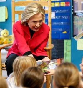 Democratic presidential candidate Hillary Rodham Clinton meets with a group of pre-schoolers during a campaign stop, Monday, June 15, 2015, in Rochester, N.H. (AP Photo/Jim Cole)