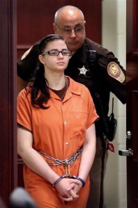 Jessica Michelle Ewing enters the court room on the day of her sentencing in Christiansburg Va. Monday, June 1 2015. Ewing, a former Virginia Tech student, was sentenced to a prison term of 45 years for the 2014 murder of fellow student Samanata Shrestha. Judge Robert Turk sentenced to Ewing to 80 years on first degree murder and five years on transporting and concealing a body. After Ewing serves 45 years, the rest will be suspended, Turk ruled. (Matt Gentry/The Roanoke Times via AP)