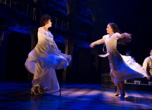 In this undated photo provided by The O & M Company, Chita Rivera, as Claire Zachanassian, left, and Michelle Veintimilla, as young Claire, perform in the Tony Award-nominated musical "The Visit," in New York. (Thom Kaine/The O & M Company via AP)