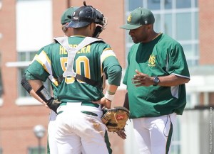 NSU Baseball coach Claude Clark during mound visit
