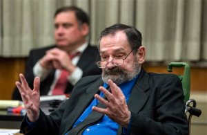 F. Glenn Miller Jr. reacts after the judge denied his objections for jury instructions during his capital murder trial on Monday, Aug. 31, 2015, in the Johnson County Courthouse in Olathe, Kan.. Miller is charged with killing three people at two Jewish sites in the Kansas City area on April 13, 2014.  (Allison Long/The Kansas City Star via AP, Pool)