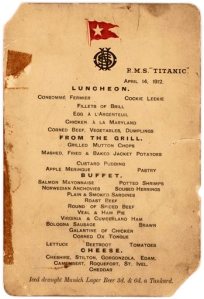 This undated photo provided by Lion Heart Autographs shows the Titanics last lunch menu, which is going to auction and is estimated to bring $50,000 to $70,000. The menu - saved by a passenger who climbed aboard the so-called Money Boat before the ocean liner went down - will be sold by Lion Heart Autographs, an online New York auctioneer, along with two other previously unknown artifacts from Lifeboat 1 on Sept. 30, 2015. The auction marks the 30th anniversary of the wreckages discovery at the bottom of the Atlantic Ocean. (Lion Heart Autographs via AP)