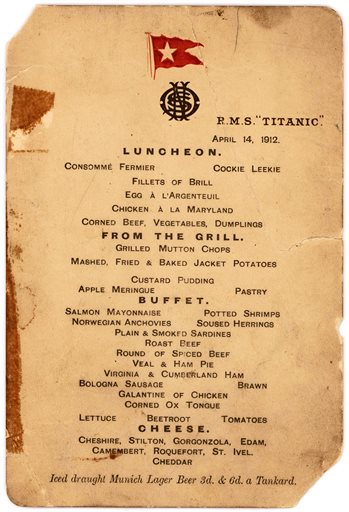 Last Titanic lunch menu, saved by survivor, going to&nbsp;auction