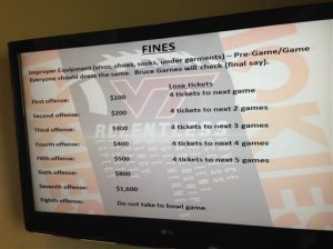 A television monitor outside the Virginia Tech football players' lounge shows an apparent fine structure for improper equipment, Wednesday, Aug. 26, 2015, in Blacksburg, Va. Virginia Tech defensive coordinator Bud Foster's Wednesday night interview took place just feet from this monitor. Virginia Tech athletic director Whit Babcock quickly responded to Foster's suggestion that coaches might fine players from their cost of attendance stipends by saying no such thing will happen. New NCAA rules allow schools to pay a stipend of several thousand dollars to athletes that cover school expenses beyond tuition, fees and room and board. Virginia Tech is among the many schools paying the stipend. (Mike Barber/Richmond Times-Dispatch via AP)