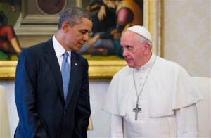 In this photo taken March 27, 2014, President Barack Obama meets with Pope Francis at the Vatican. Pope Francis highly anticipated visit to the White House next month will put on display his common cause with President Barack Obama on many issues. When he swept into office in 2008, Obama captured near rock-star status among millions who saw him as the embodiment of a new sense of social purpose. Now, that baton has largely passed to the outspoken Francis. (AP Photo/Pablo Martinez Monsivais)