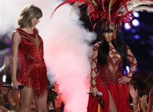 Taylor Swift, left, and Nicki Minaj perform at the MTV Video Music Awards at the Microsoft Theater on Sunday, Aug. 30, 2015, in Los Angeles. (Photo by Matt Sayles/Invision/AP)