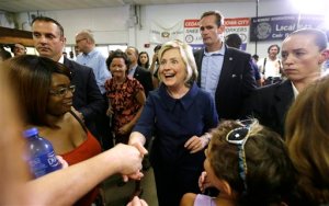Democratic presidential candidate Hillary Rodham Clinton greets supporters during the Annual Hawkeye Labor Council AFL-CIO Labor Day picnic, Monday, Sept. 7, 2015, in Cedar Rapids, Iowa. (AP Photo/Charlie Neibergall)