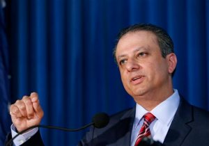 U.S. Attorney Preet Bharara makes a point during a news conference at the U.S. Attorney's office in New York, Thursday, Sept. 17, 2015. The government and General Motors have reached a deal to resolve a criminal investigation into how the Detroit automaker concealed a deadly problem with small-car ignition switches. (AP Photo/Kathy Willens)