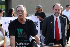 Jeff Mizanskey, left, speaks after being released from the Jefferson City Correctional Center, after serving two decades of a life sentence for a marijuana-related charge in Jefferson City, Mo., on Tuesday, Sept. 1, 2015.  His release followed years of lobbying by relatives, lawmakers and others who argued that the sentence was too stiff and that marijuana should not be forbidden.   (AP Photo/Columbia Missourian/Justin L. Stewart)  MANDATORY CREDIT