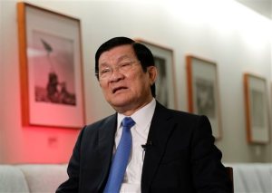 Vietnamese President Truong Tan Sang listens to questions during an interview, Monday, Sept. 28, 2015, in New York. Sang told The Associated Press on Monday that Chinas island-building in the disputed South China Sea violates international law and endangers maritime security. (AP Photo/Julie Jacobson)
