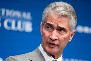 FILE - In this May 15, 2015, file photo, United Airlines Chairman, President and Chief Executive Officer Jeff Smisek, speaks during a panel discussion on unfair international competition at the National Press Club in Washington. United Airlines said Tuesday, Sept. 8, 2015, that Smisek has stepped down as CEO, chairman and president effective immediately and has named Oscar Munoz as president and chief executive officer.  (AP Photo/Manuel Balce Ceneta, File)