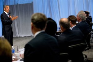 President Barack Obama speaks to business leaders at the quarterly meeting of the Business Roundtable in Washington, Wednesday, Sept. 16, 2015, to renew his calls for increased spending in infrastructure, education and scientific research. (AP Photo/Andrew Harnik)