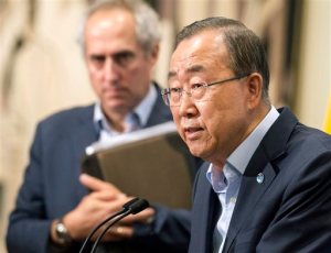 FILE - In this Aug. 12, 2015 file photo provided by the United Nations, U.N. Secretary General Ban Ki-moon addresses the media outside the Security Council chambers at U.N. headquarters, where he announced the firing of the head of the U.N. peacekeeping mission in the Central African Republic. Babacar Gaye, of Senegal, was terminated over the force's handling of dozens of sexual and other misconduct allegations, including rape and killing, in the year and a half of its existence. Stretched for resources with a record number of peacekeepers in the field, the U.N. has hesitated to upset member states by announcing the countries whose troops or police are accused of wrongdoing, until now. Last week, Ban announced his intention to do so. (Eskinder Debebe/United Nations via AP, File)