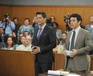 In this image released by Fox, Rob Lowe, left, and Fred Savage appear in a scene from "The Grinder," premiering Sept. 29, on Fox. (Ray Mickshaw/FOX VIA AP)