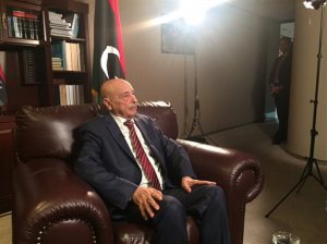 Libya's parliament speaker Ageila Saleh speaks during an interview Sunday, Sept. 27, 2015, at United Nations headquarters. (AP Photo/Cara Anna)