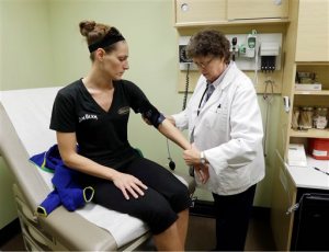 FILE - In this April 3, 2013 file photo, family nurse practitioner Ruth Wiley examines Elizabeth Knowles at a Walgreens Take Care Clinicin Indianapolis. The once-simple relationship between patients and the family doctor is fast becoming a throwback to another era as new alternatives emerge and primary care becomes more like a commodity, with access to doctors increasingly based on what consumers will pay. (AP Photo/Darron Cummings, File)