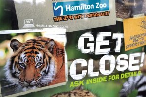 A tiger advertising sign is seen outside Hamilton Zoo after a female zookeeper was killed by one of the tigers at the zoo in Hamilton, New Zealand Sunday Sept. 20, 2015. Police said the woman died at the scene, and zoo asked all visitors to leave and close its doors until Thursday.(Nick Reed/New Zealand Herald via AP) NEW ZEALAND OUT, AUSTRALIA OUT