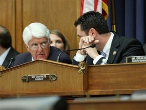 House Oversight and Government Reform Committee Chairman Rep. Jason Chaffetz, R-Utah, right, speaks House Natural Resources Committee Chairman Rep. Rob Bishop, R-Utah, on Capitol Hill in Washington, Thursday, Sept. 17, 2017, during a joint Oversight and Reform Committee-Natural Resources Committee hearing on the Gold King mine spill.  (AP Photo/Lauren Victoria Burke)