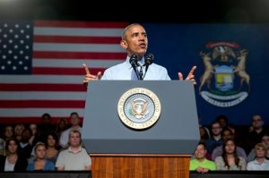 President Barack Obama speaks at Macomb Community College, Wednesday, Sept. 9, 2015, in Warren, Mich. Obama announces new steps to expand apprenticeships and a push to make community college free for responsible students. (AP Photo/Andrew Harnik)