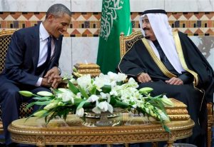 FILE - In this Jan. 27, 2015 file photo, President Barack Obama meets Saudi Arabian King Salman in Riyadh, Saudi Arabia. The Obama administration is greeting King Salman of Saudi Arabia with assurances that a nuclear deal with Iran also comes with the necessary resources to help check its regional ambitions. (AP Photo/Carolyn Kaster, File)