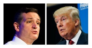 FILE - This two picture combo of file photos shows Republican presidential candidates, Sen. Ted Cruz, R-Texas, left, and Donald Trump.  The two men are in a so-far cordial competition for many of the same anti-establishment conservatives, and theyre about to share a stage.  On Wednesday, at Cruzs invitation, Trump is to appear with him at a Capitol Hill rally protesting the proposed nuclear agreement with Iran.  (AP Photo/File)