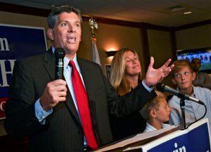Illinois state Sen. Darin LaHood speaks to after winning the special election, Thursday, Sept. 10, 2015 in Peoria, Ill. Republican state Sen. Darin LaHood, the son of former U.S. Transportation Secretary Ray LaHood, easily captured Thursday's special election to replace disgraced former U.S. Rep. Aaron Schock, sending a familiar name to Washington, D.C., from Illinois. (Ron Johnson/Journal Star via AP) MANDATORY CREDIT