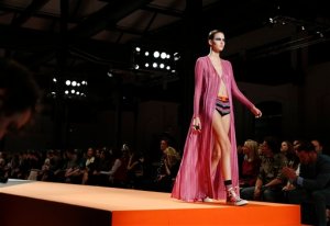 A model wears a creation for Missoni women's Spring-Summer 2016 collection, part of the Milan Fashion Week, unveiled in Milan, Italy, Sunday, Sept. 27, 2015. (AP Photo/Luca Bruno)