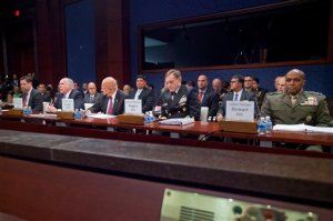 From left, FBI Director James Comey, CIA Director John Brennan, Director of National Intelligence James Clapper, Director of the National Security Agency Adm. Michael Rodgers, and Defense Intelligence Agency Director Lt. Gen. Vincent Stewart, appear on Capitol Hill in Washington, Thursday, Sept. 10, 2015, before the House Intelligence Committee hearing on cyber threats. (AP Photo/Pablo Martinez Monsivais)