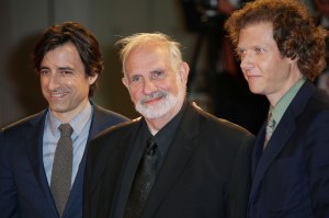 From left, Noah Baumbach, director Brian De Palma and Jake Paltrow pose for photographers as they walk the red carpet for the documentary film De Palma prior to De Palma collecting the Glory to the Filmmaker Award, during the 72nd edition of the Venice Film Festival in Venice, Italy, Wednesday, Sept. 9, 2015. (Photo by Joel Ryan/Invision/AP)