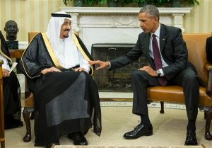 FILE - In this Friday, Sept. 4, 2015, file photo, President Barack Obama, right, meets with King Salman of Saudi Arabia in the Oval Office of the White House in Washington. The meeting came as Saudi Arabia sought assurances from the U.S. that the Iran nuclear deal comes with the necessary resources to help check Irans regional ambitions. Lawmakers returning to Washington on Tuesday, Sept. 8, 2015, from their summer recess are plunging immediately into bitter, partisan debate over the Iran nuclear accord. (AP Photo/Evan Vucci, File)