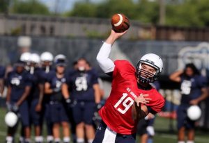 In this photo taken on Monday, Aug. 29, 2015, Old Dominion University quarterback Shuler Bentley throws a pass during a practice, in Norfolk, Va. Bentley spent last season watching, and learning from, Taylor Heinicke at Old Dominion. Now, with the prolific Heinicke trying to make the NFL's Minnesota Vikings, Bentley is charged with replacing him. (AP Photo/Jason Hirschfeld)