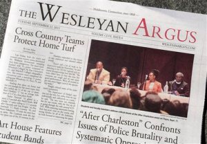 The Wesleyan Argus student newspaper is displayed Thursday, Sept. 24, 2015, on the campus of Wesleyan University in Middletown, Conn. The student government for the liberal arts school is weighing a petition to strip The Argus of funding after some objected to an opinion piece it published on the Black Lives Matter movement.  (AP Photo/Michael Melia)