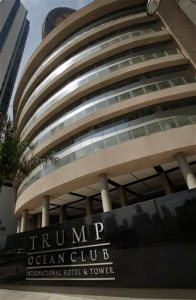 FILE - This July 4, 2011, file photo, shows the main entrance to the Trump Ocean Club International Hotel and Tower in Panama City, Panama. The tale of the 70-story waterfront tower along Panama Bay that was managed by the Trump empire offers insight into the Republican presidential candidate's business traits, and hints about the management style that might be expected from a Trump White House. (AP Photo/Arnulfo Franco, File)