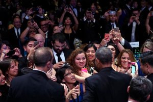 President Barack Obama greets the crowd after speaking at the Congressional Hispanic Caucus Institute's (CHCI) 38th Anniversary Awards Gala in Washington, Thursday, Oct. 8, 2015. The Awards Gala is the signature event in its Hispanic Heritage Month list of events that include the Public Policy Conference. (AP Photo/Susan Walsh)