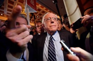 Sen. Bernie Sanders, of Vermont, speaks to the media after the CNN Democratic presidential debate Tuesday, Oct. 13, 2015, in Las Vegas. (AP Photo/David Becker)