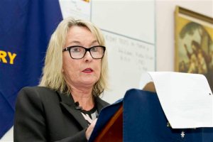 June Steenkamp, the mother of the late Reeva Steenkamp who was shot dead by her boyfriend Oscar Pistorius in 2013, delivers a lecture on women abuse to students at Saint Dominic's school in Port Elizabeth, South Africa, Wednesday, Oct. 21, 2015, where Reeve attended. Pistorius was released from prison into house arrest Monday Oct. 19, 2015, after serving one year out of five for the culpable homicide death of Reeva Steenkamp in Feb. 2013. (AP Photo/Michael Sheehan)