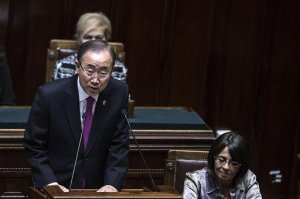 UN Secretary-General Ban Ki-moon addresses the Italian parliament on the occasion of the 60th anniversary of Italy's accession to the United Nations, in Rome, Thursday, Oct. 15, 2015. Ban Ki-Moon will also visit the Milan Expo and a refugee center. (Angelo Carconi/ANSA via AP)